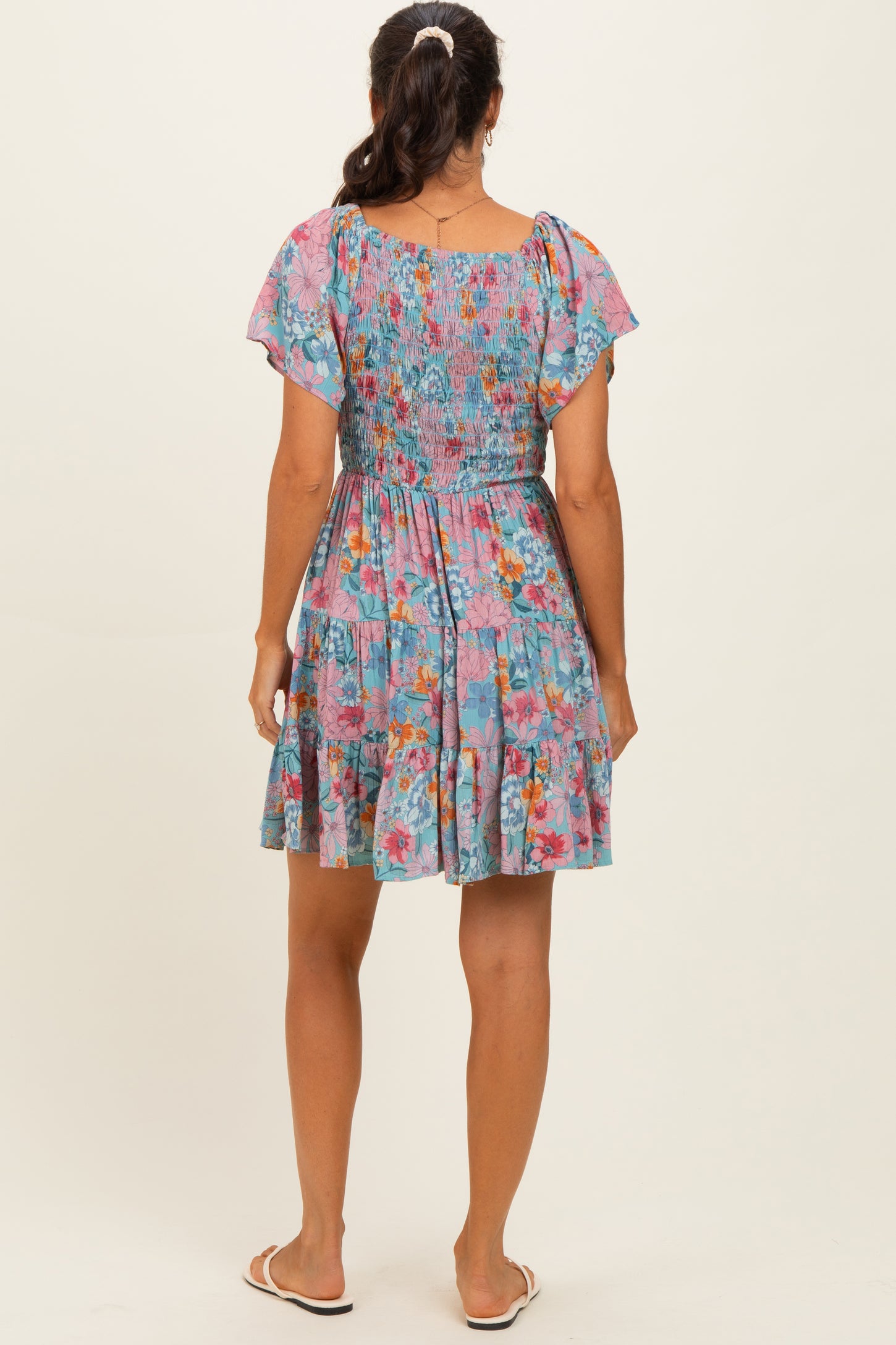 Teal V Neck Smocked Bust Short Sleeve Short Dress