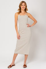 Cream Striped Sleeveless Side Slit Maternity Midi Dress