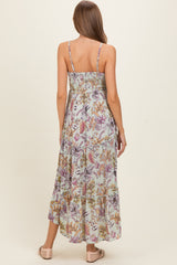 woman wearing a floral print maternity maxi dress with a smocked bodice and adjustable straps, showing the back view