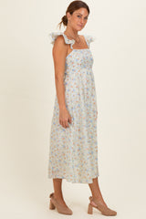 Ivory Floral Ruffle Strap Midi Dress