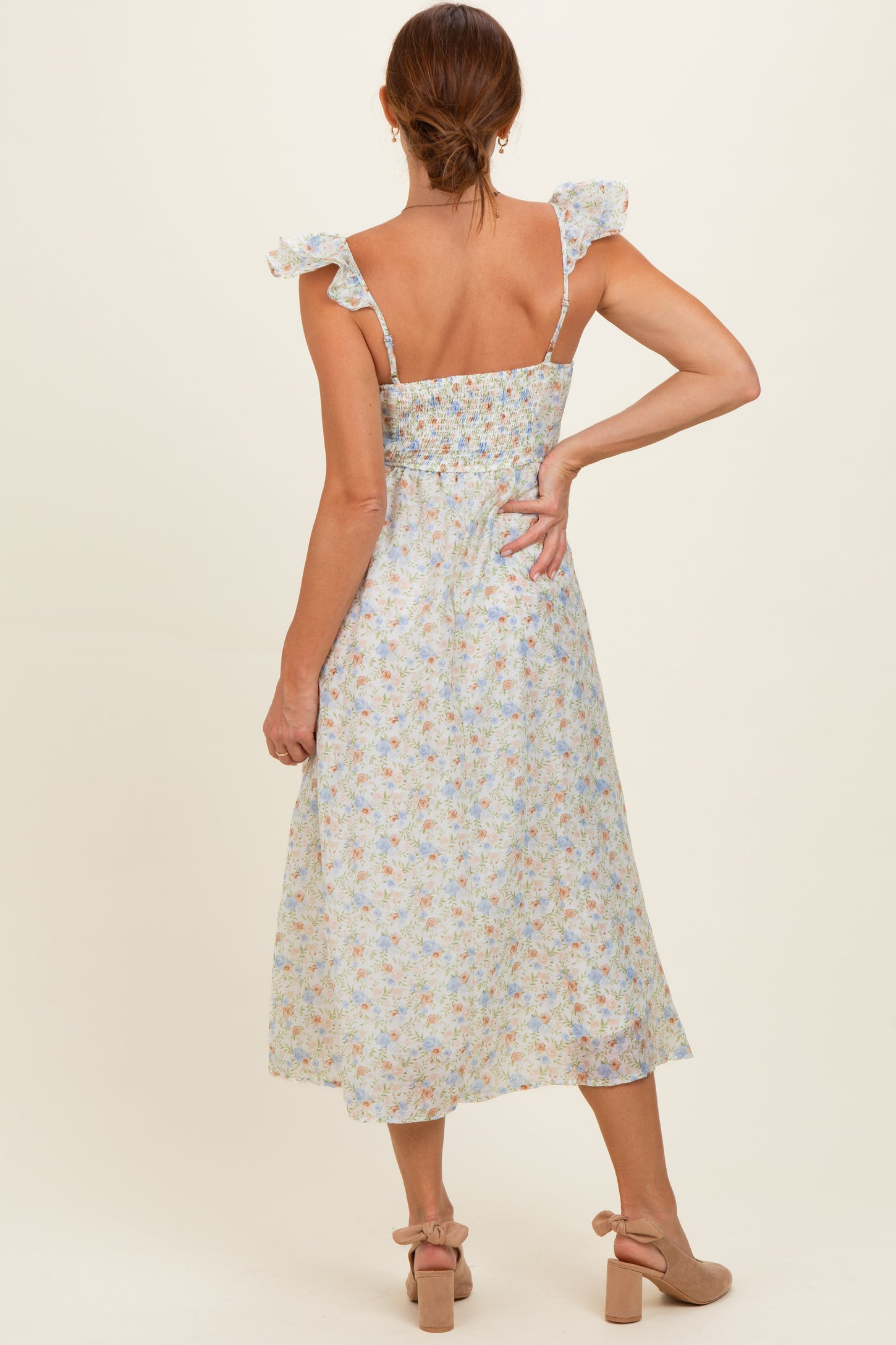 Ivory Floral Ruffle Strap Midi Dress