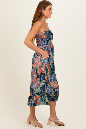 Navy Smocked Bodice Strapless Printed Midi Dress