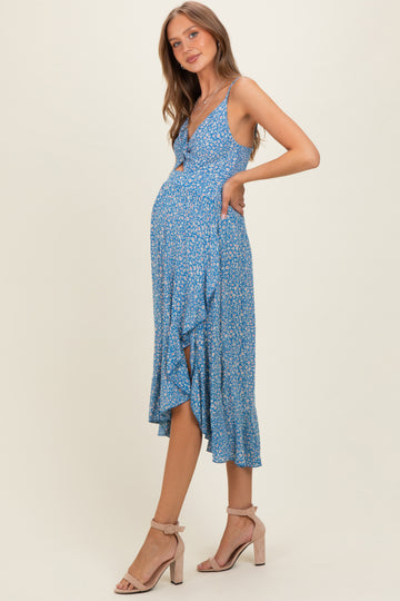 Cornflower V Neck Twist Front Cut Out Side Ruffle Slit Maternity Midi Dress