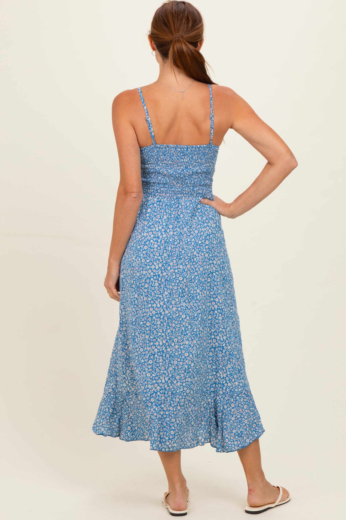 Cornflower V Neck Twist Front Cut Out Side Ruffle Slit Midi Dress