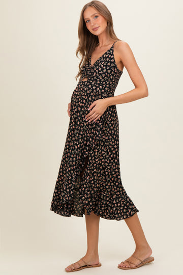 Black V Neck Twist Front Cut Out Side Ruffle Slit Maternity Midi Dress