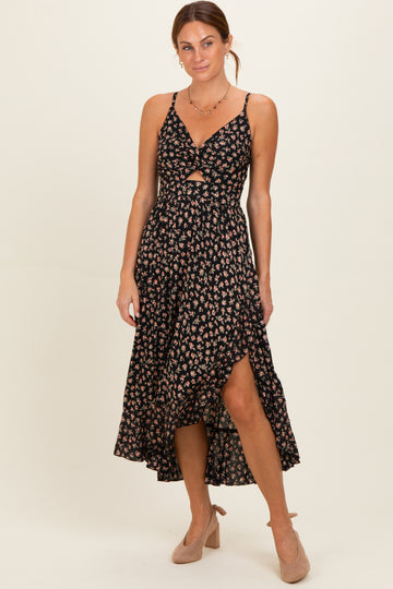 Black V Neck Twist Front Cut Out Side Ruffle Slit Midi Dress