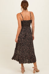 Black V Neck Twist Front Cut Out Side Ruffle Slit Midi Dress