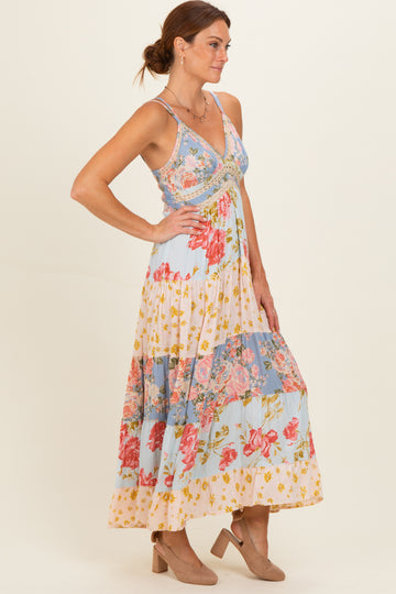 Multicolor Printed Lace Inset Tiered Maxi Dress