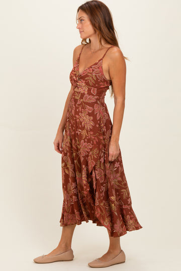 Brown V Neck Twist Front Cut Out Side Ruffle Slit Midi Dress