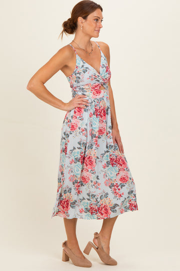 Blue Floral Twisted Front Cutout Midi Dress