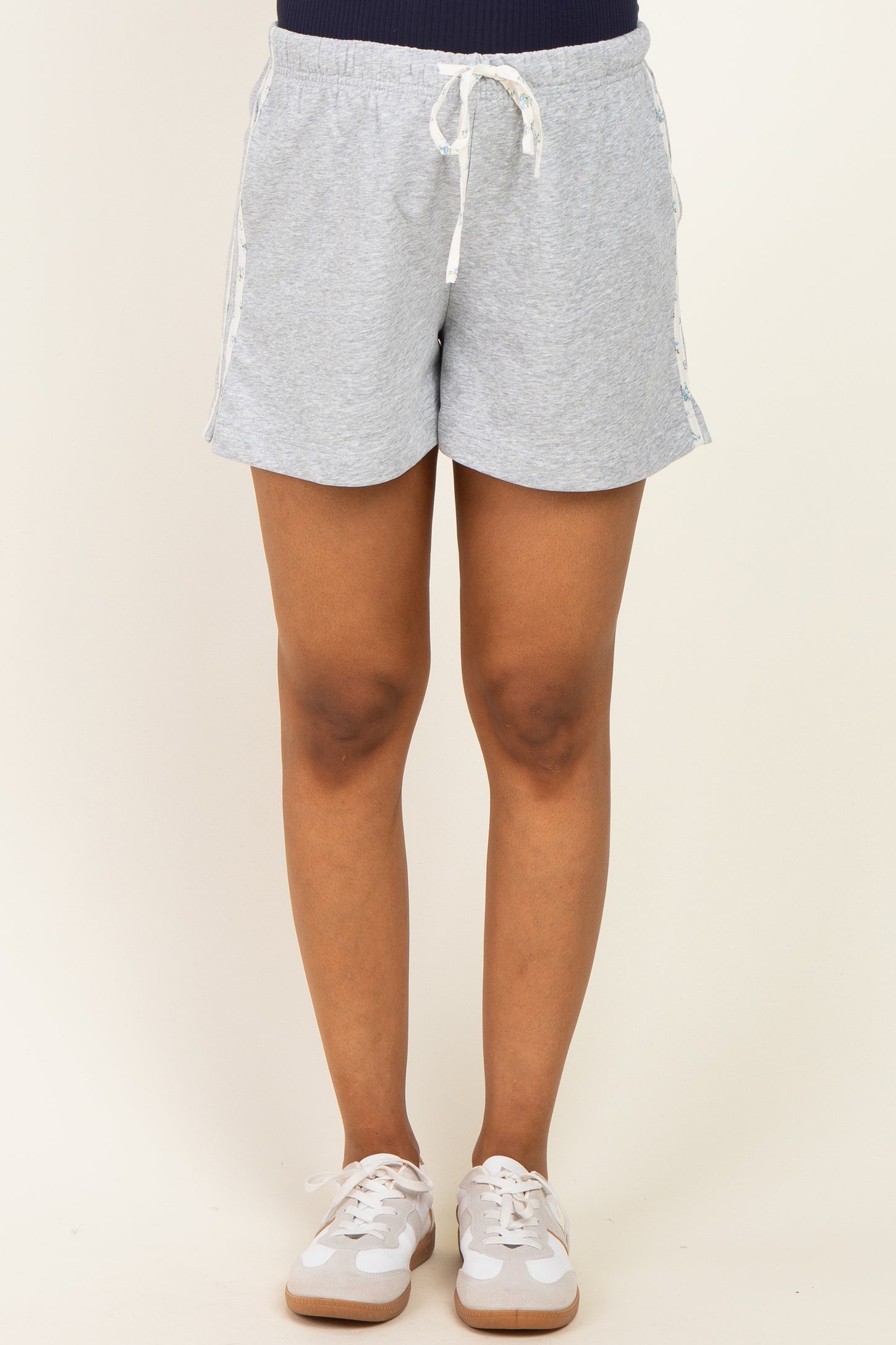 Grey Floral Print Side Stripe Maternity Shorts