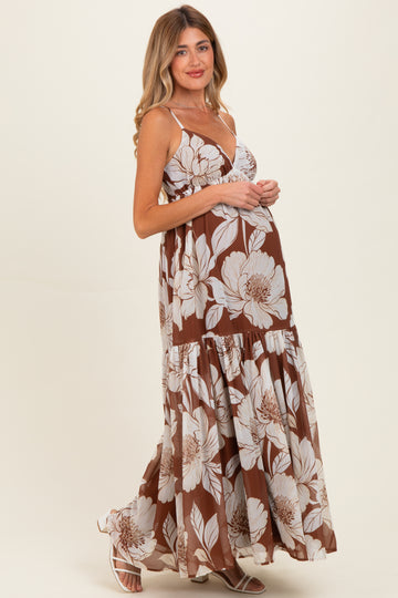 Brown Tropical Floral Maternity Maxi Dress