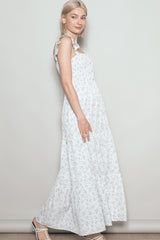 Cream Floral Ruffle Tier Button Detail Maxi Dress