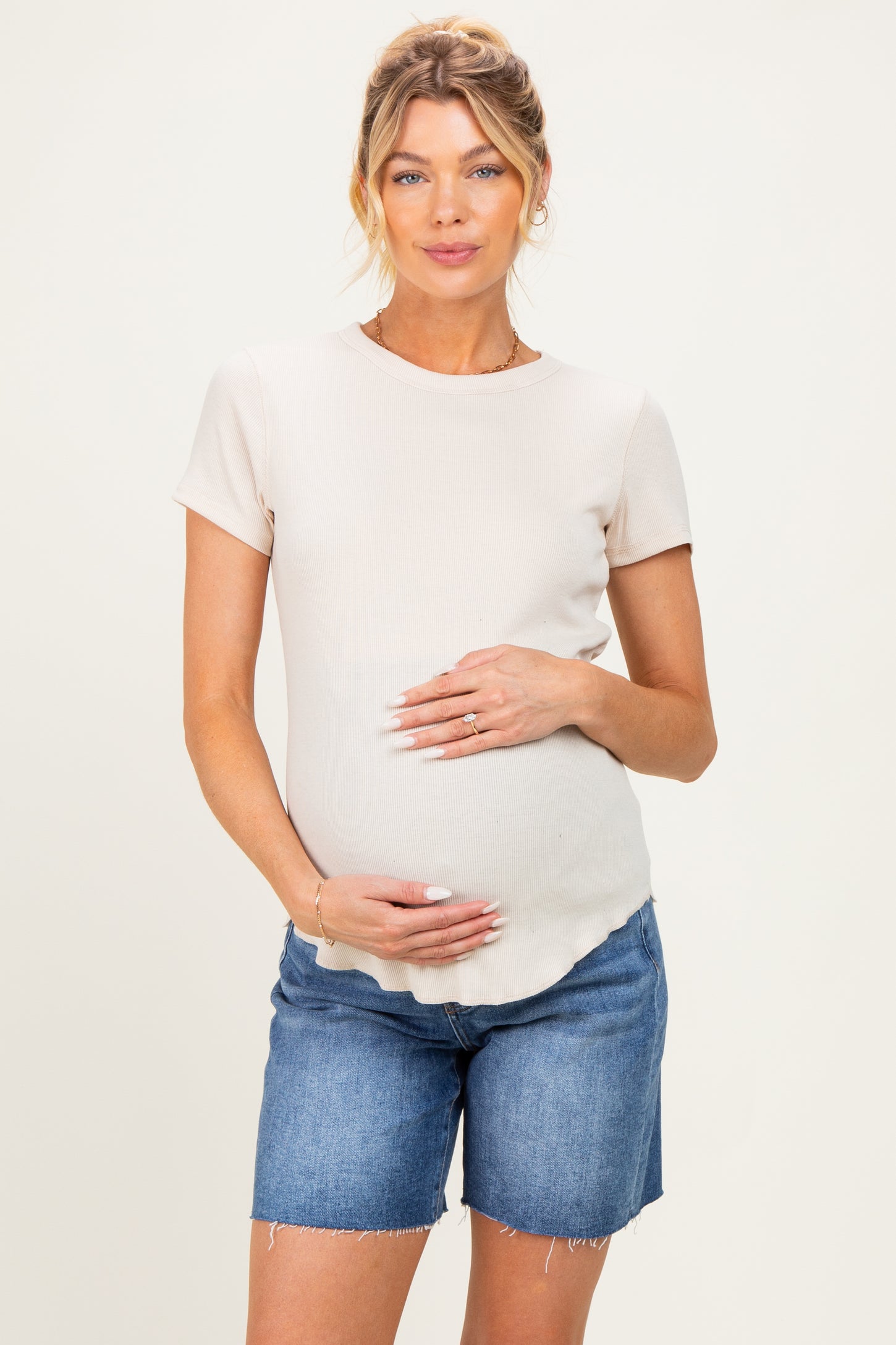 Blue Raw Cut Hem Mid Length Maternity Denim Shorts