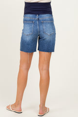 Blue Raw Cut Hem Mid Length Maternity Denim Shorts