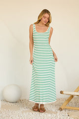 Green Striped Ribbed Sleeveless Maxi Dress