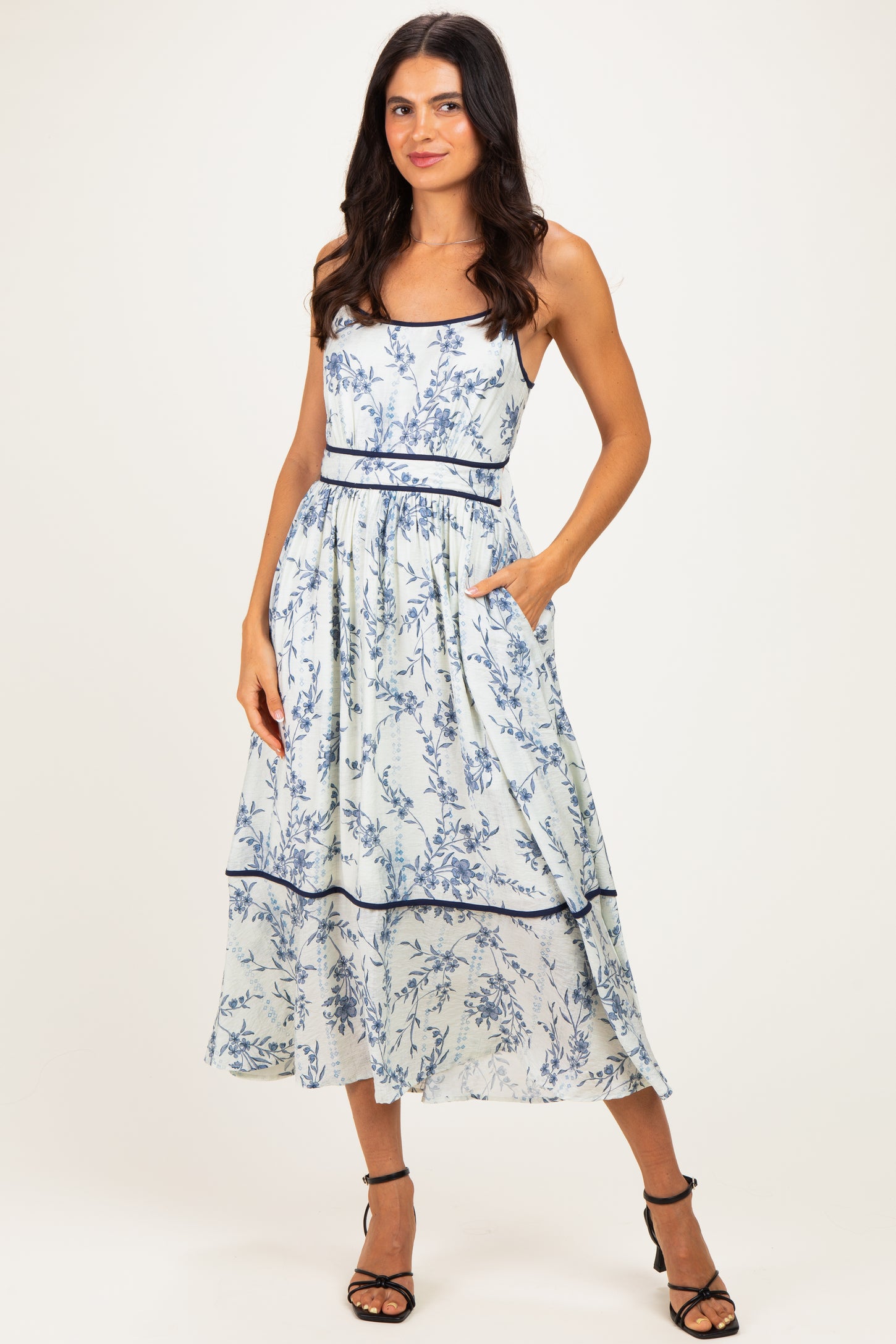 Blue Floral Cutout Tie Back Midi Dress