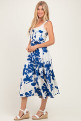 Blue Floral Square Neck Waist Tie Midi Dress