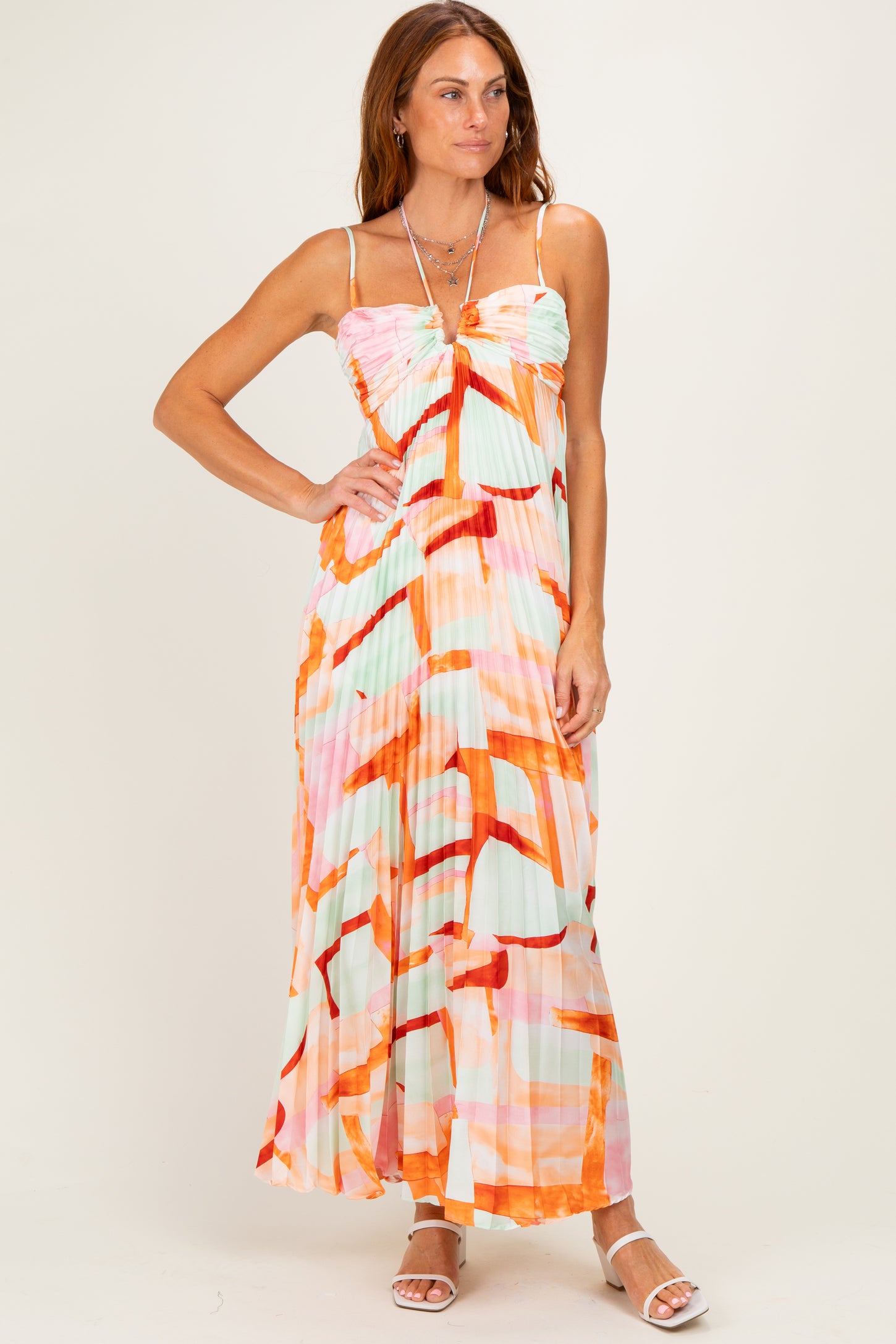 Multicolor Pleated Halter Cutout Maternity Maxi Dress