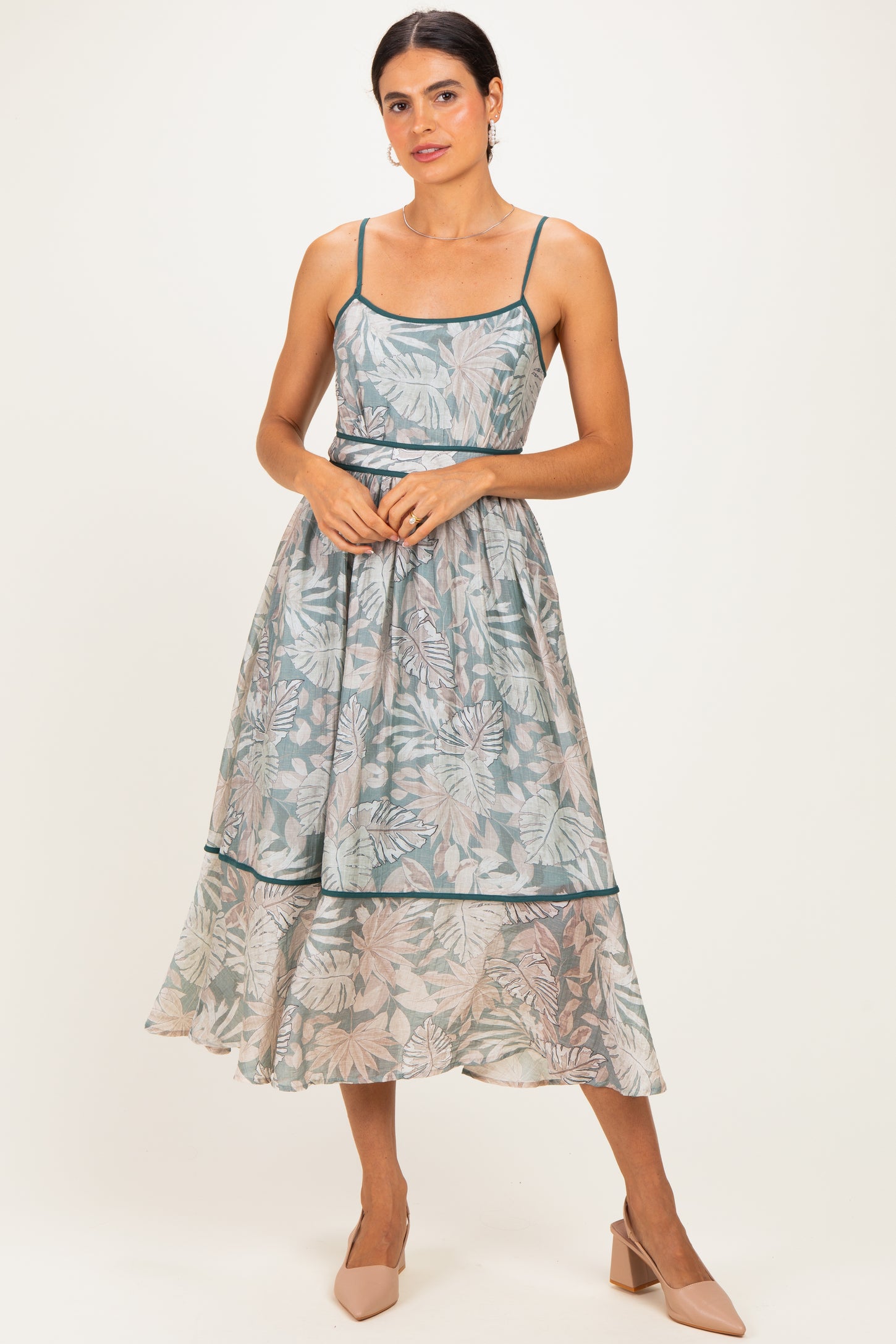 Dark Green Printed Cutout Tie Back Maternity Midi Dress