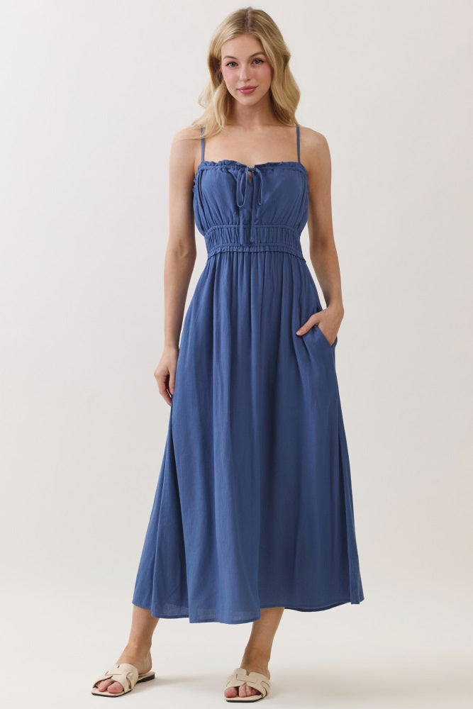 Denim Blue Solid Smocked Maternity Maxi Dress