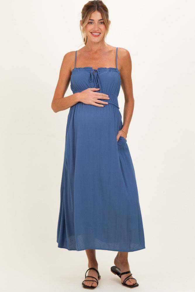 Denim Blue Solid Smocked Maternity Maxi Dress