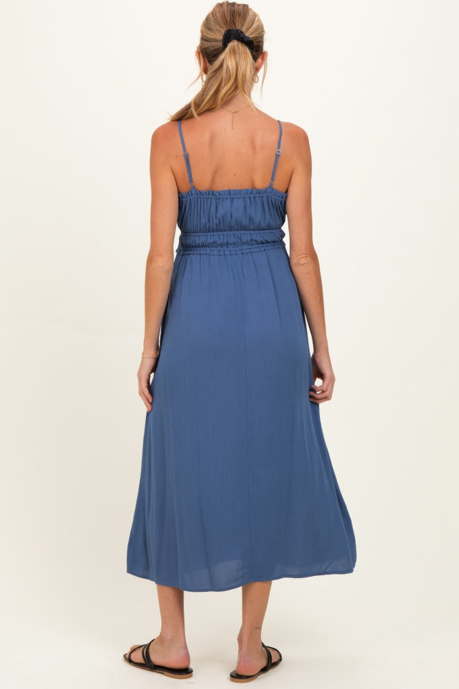 Denim Blue Solid Smocked Maternity Maxi Dress