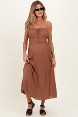 Brown Solid Smocked Maternity Maxi Dress