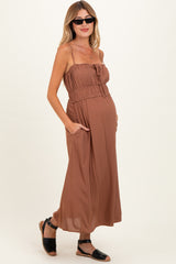 Brown Solid Smocked Maternity Maxi Dress