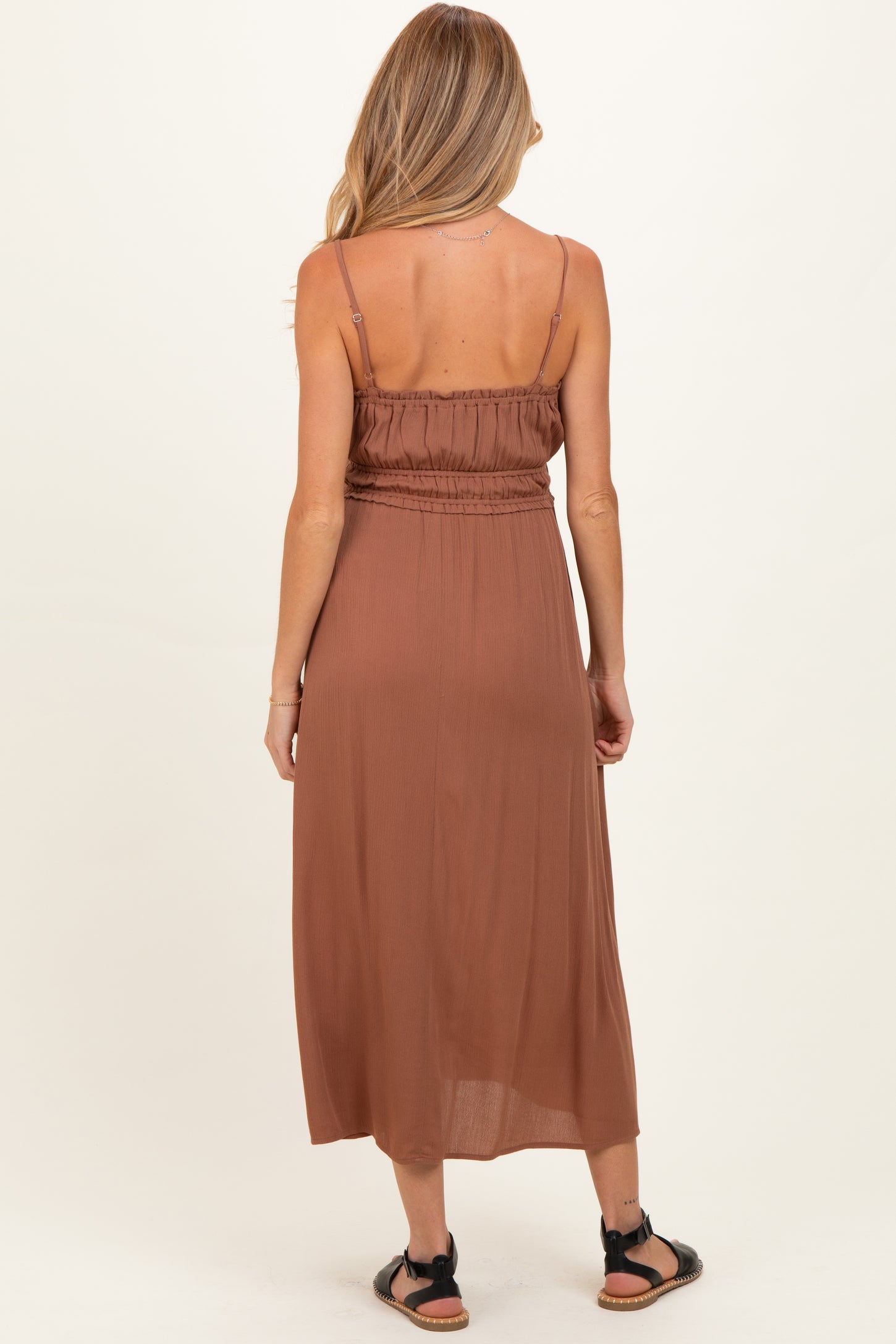 Brown Solid Smocked Maternity Maxi Dress
