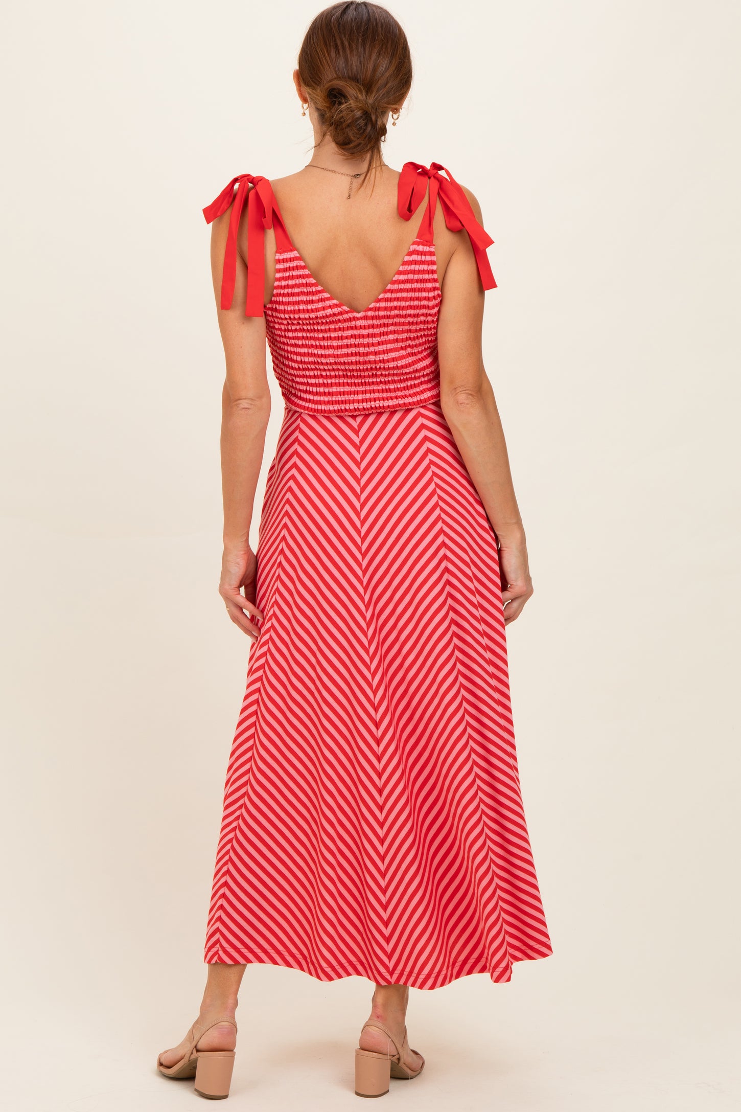 Red Striped Smocked Shoulder Tie Midi Dress