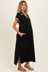 Black Stitch Detail Collared Maternity Midi Dress