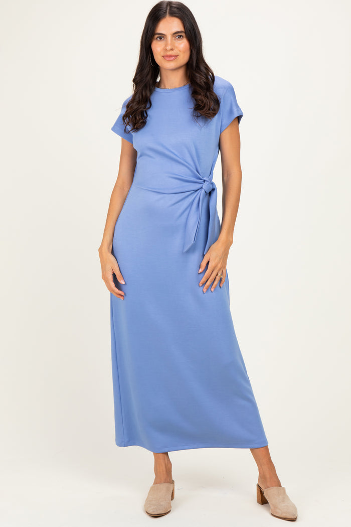 Blue Side Tie Short Sleeve Maternity Midi Dress