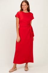 Red Side Tie Short Sleeve Midi Dress