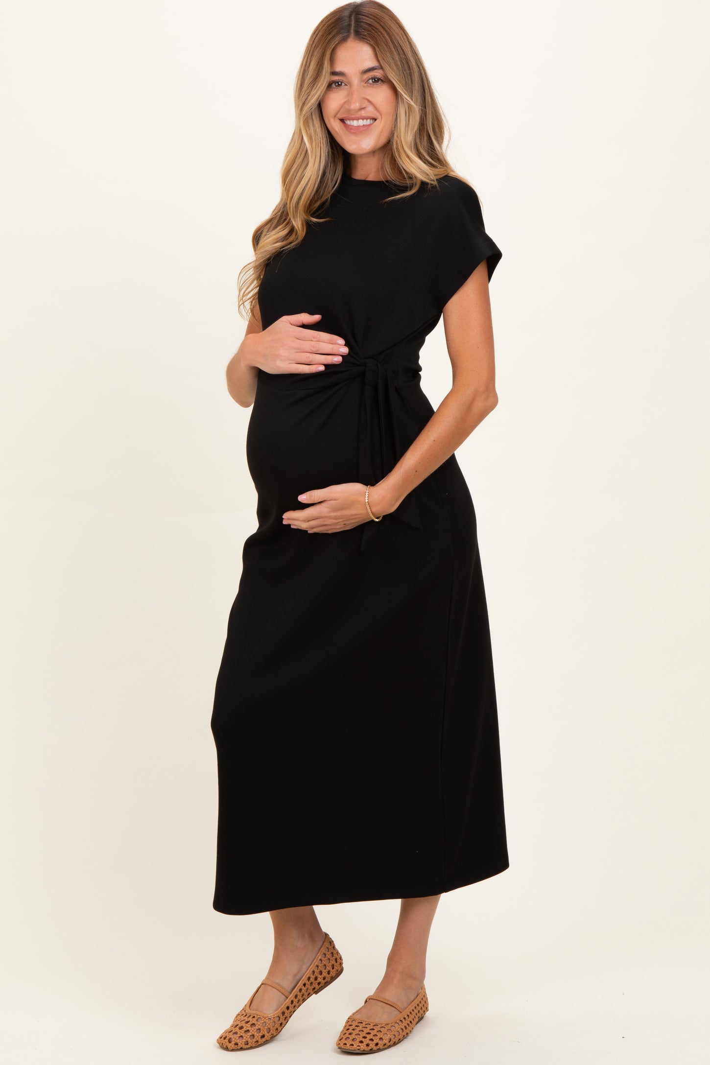 Black Side Tie Short Sleeve Maternity Midi Dress