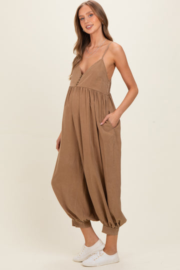Mushroom Mineral Wash Sleeveless V-Neck Maternity Jumpsuit