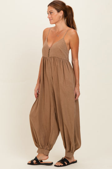 Mushroom Mineral Wash Sleeveless V-Neck Jumpsuit