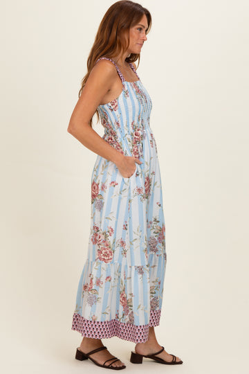 French Blue Floral Striped Contrast Strap Maxi Dress