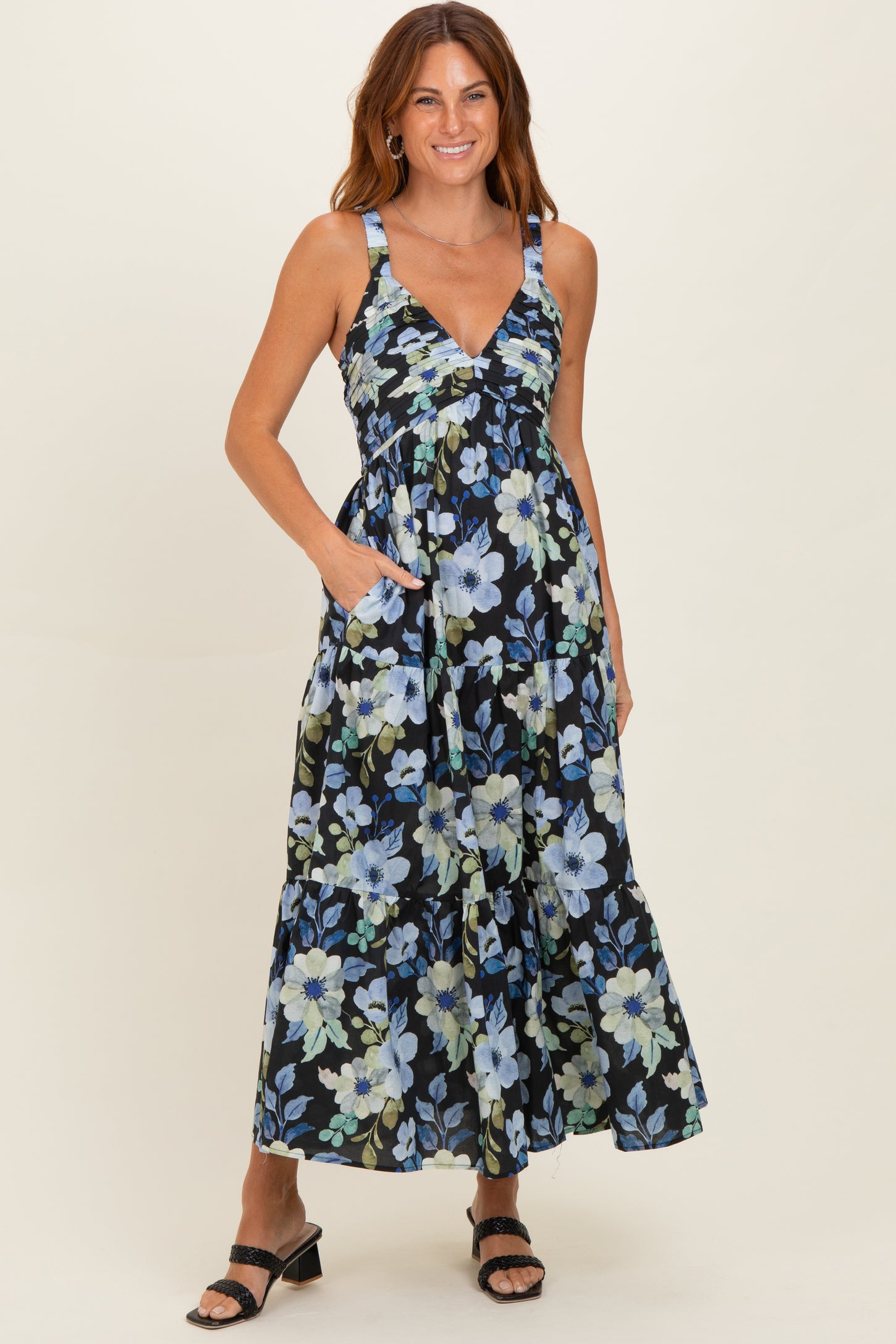 Black Floral Pleated Bust Tiered Maternity Maxi Dress