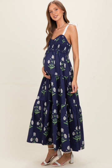 Navy Floral Sweetheart Neckline Smocked Maternity Maxi Dress