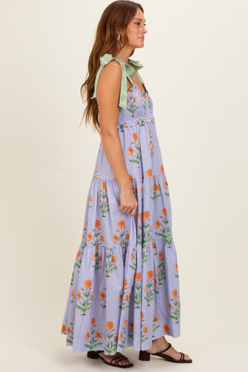 Lavender Floral Sweetheart Neckline Smocked Maxi Dress