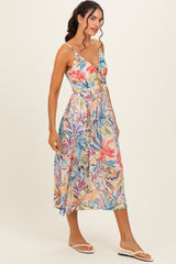 Yellow Tropical Floral Twisted Front Cutout Midi Dress