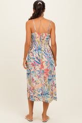 Yellow Tropical Floral Twisted Front Cutout Midi Dress