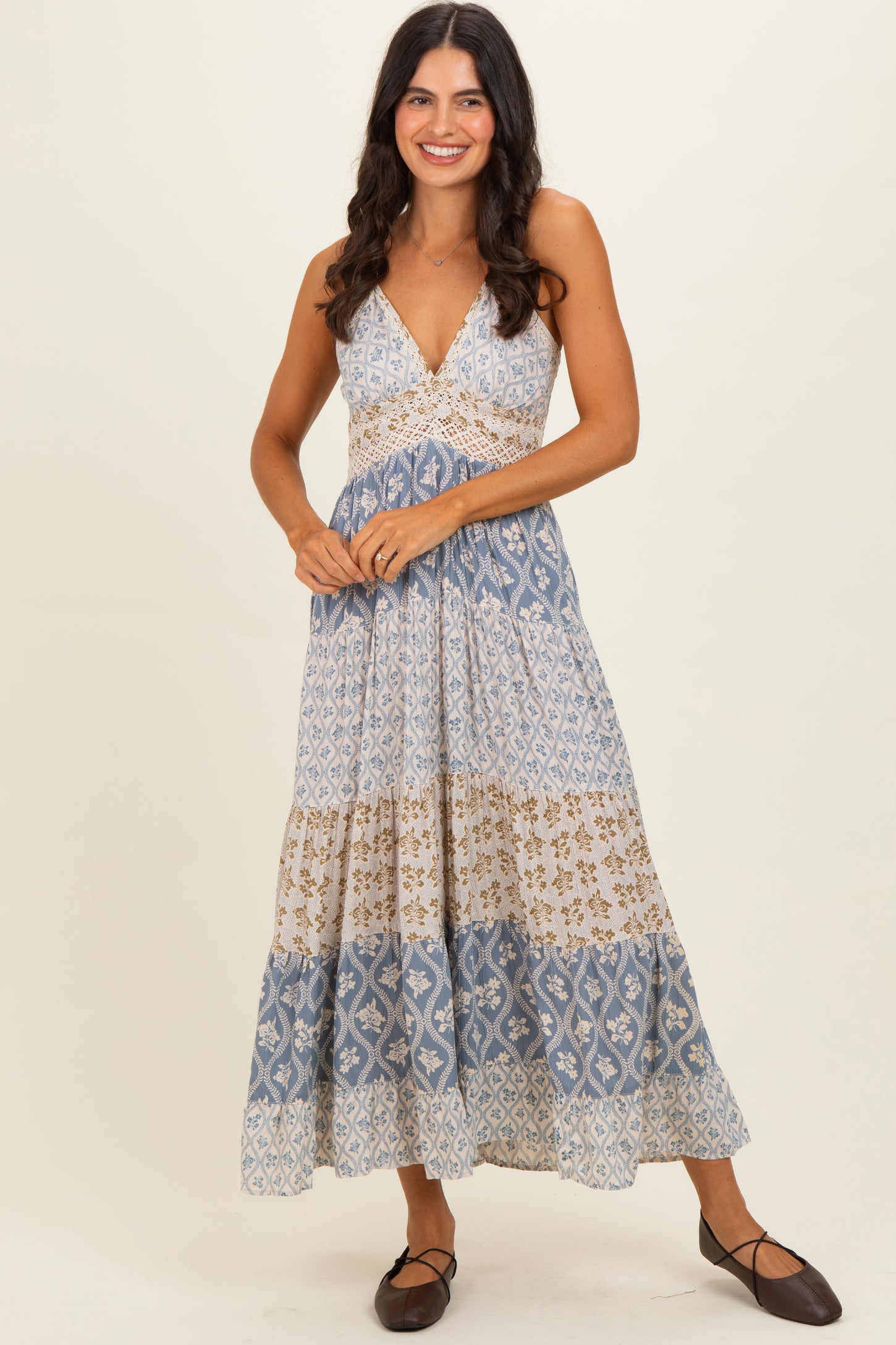 Vintage Blue Mixed Floral Lace Trim Maternity Maxi Dress