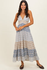 Vintage Blue Mixed Floral Lace Trim Maternity Maxi Dress