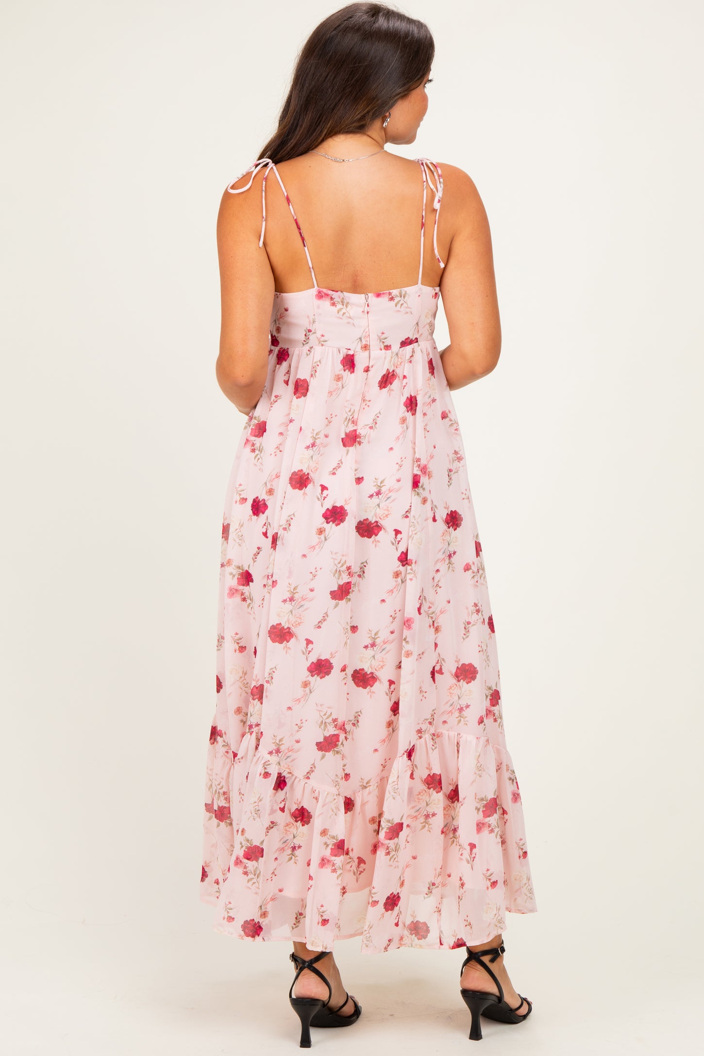 Pink Floral Shoulder Tie Ruffle Hem Maternity Maxi Dress