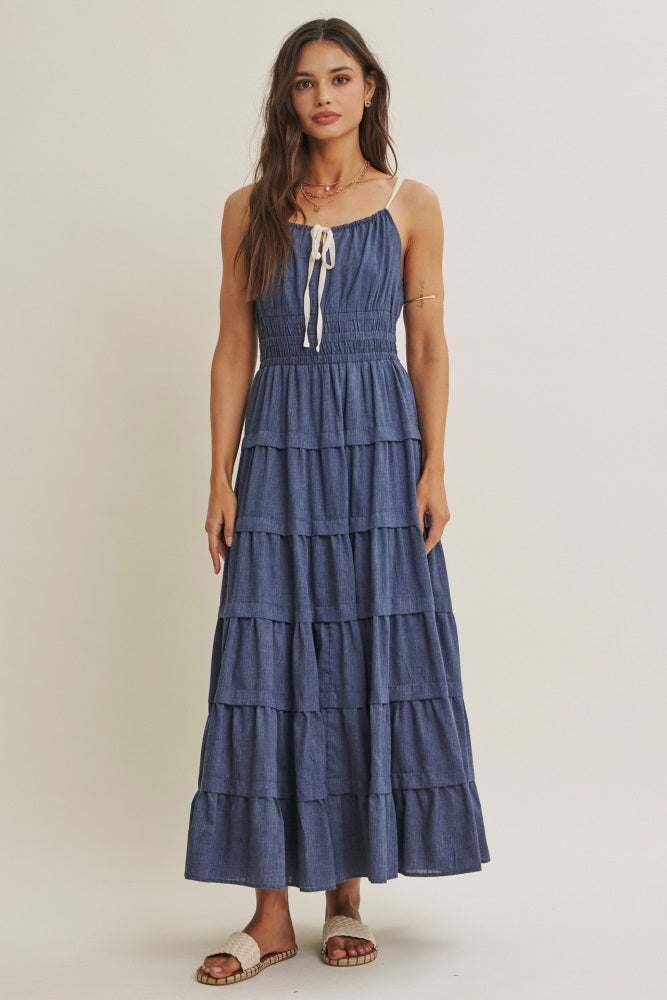 Denim Blue Smocked Waist Tiered Maxi Dress