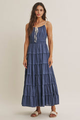 Denim Blue Smocked Waist Tiered Maxi Dress