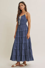 Denim Blue Smocked Waist Tiered Maxi Dress