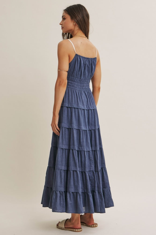 Denim Blue Smocked Waist Tiered Maxi Dress